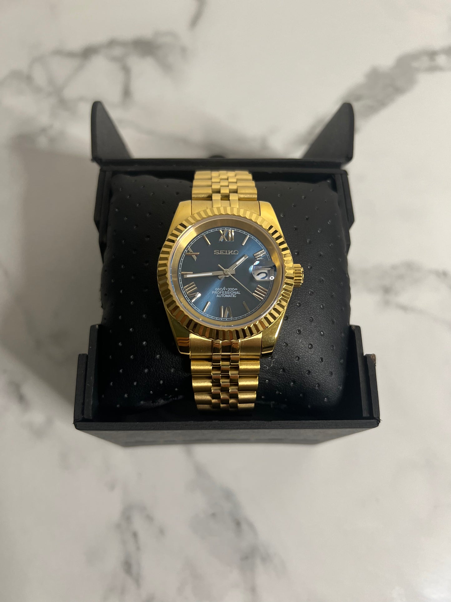 Seiko Mod - Two-Tone Gold/Blue Roman Numeral Watch